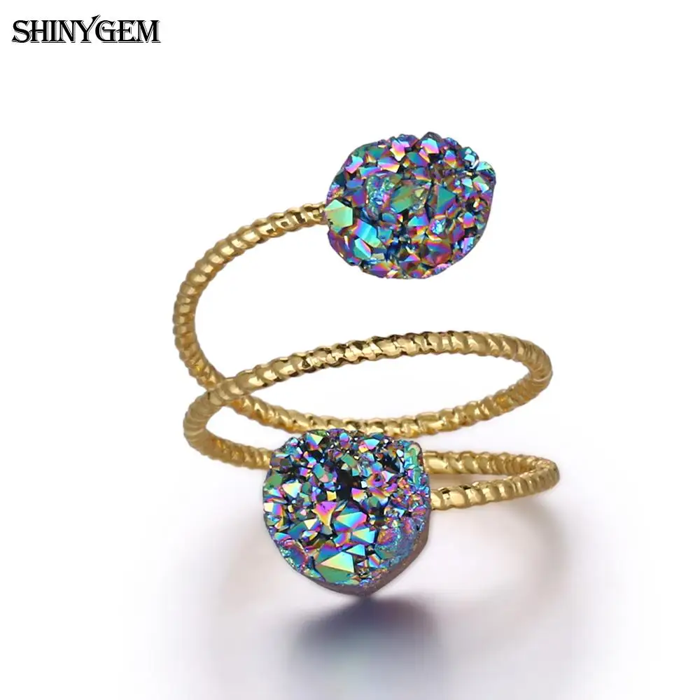 5Pcs Trendy Natural Double Stone Crystal Jewelry 24k Gold Plating Wire Wrapped Sparkly AB Titanium Druzy Ring For Women