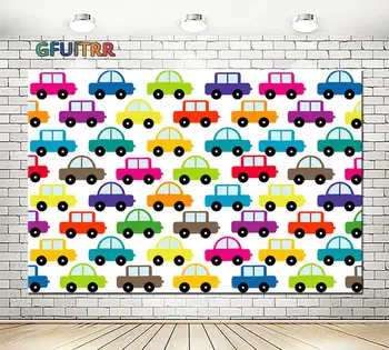 

GFUITRR Cartoon Car Photography Backdrops Baby Shower Kids Birthday Party Background Blue Red Banner Vinyl Photo Booth Props