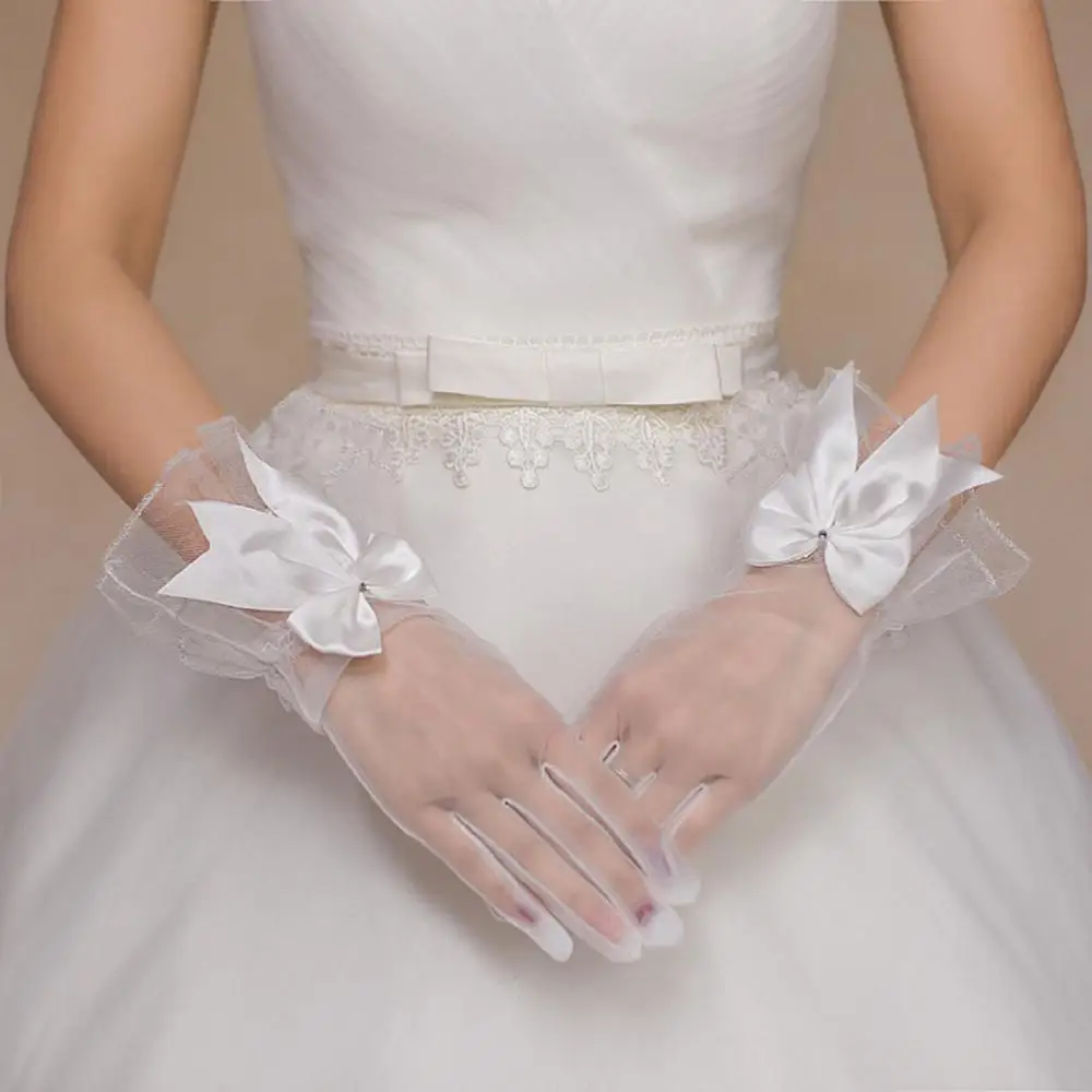 Белый цветок полный палец Короткие Свадебные перчатки для невесты Свадебные аксессуары для свадьбы выпускного вечера Luvas De Noiva
