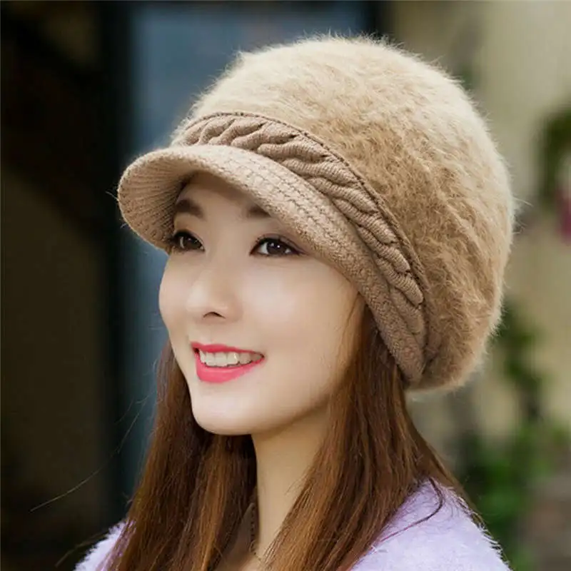 

Winter Knitted Hat Bonnet Winter Women Faux Fur Beret Hat Solid Color Cap Warm Beanie Hat