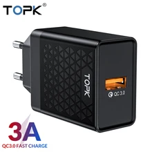 TOPK Quick Charge 3,0, зарядное устройство для мобильного телефона, 18 Вт, быстрое USB зарядное устройство, штепсельная вилка европейского стандарта, настенное USB зарядное устройство, адаптер для iPhone, samsung, Xiaomi, LG