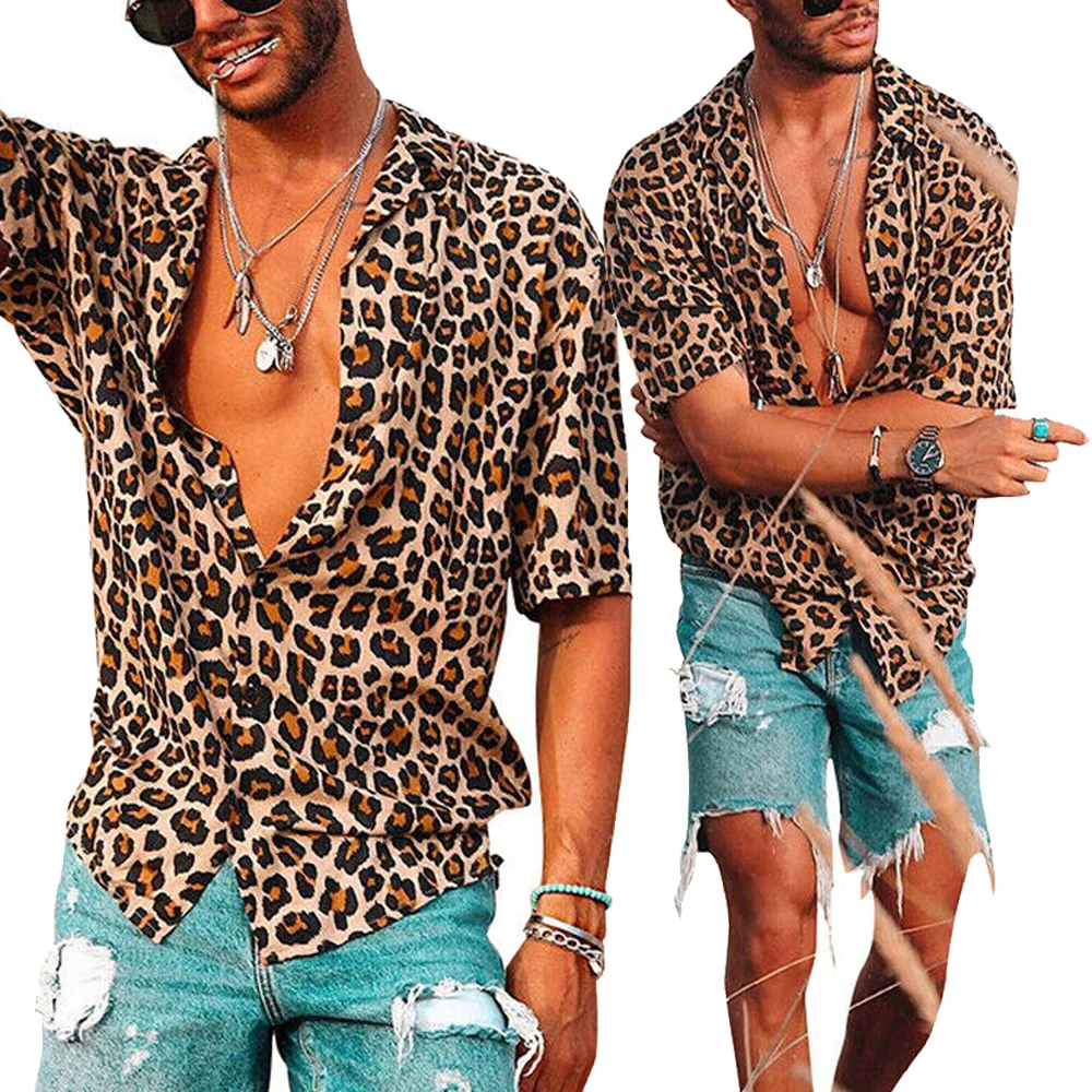 

Men Leopard Print Short Sleeve Shirt Tops Baggy Boho Holiday Beach Button Blouse