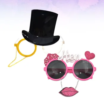 

2PCs Funny Party Plastic Glasses Bride Groom Photo Prop Fashion Decorative Eyeglasses for Wedding (Glitter Lip + Black Hat)