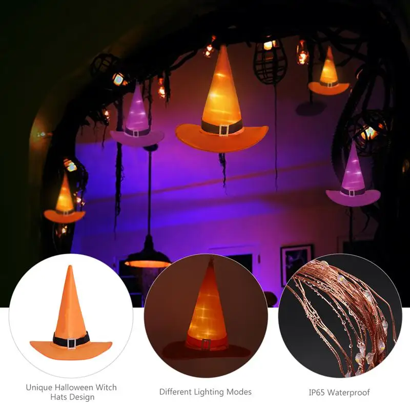 

6PCS Halloween Decorations Witch Caps String Lights Outdoor Decorative Lights With US Plug 10 M (Purple/Orange)