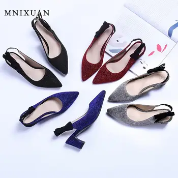 

MNIXUAN Sweet ladies sandals shoes women 2020 summer new covered pointed toe block high heels butterfly-knot girls shoes size 47