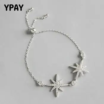 

YPAY Pure 100% 925 Sterling Silver Adjustable Bracelet 4A Zircon Shining Stars Charm Bracelets for Women Fine Jewelry YMB113