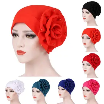 

Women Autumn Side Bead Flower Muslim Hat Stretch Turban Cap Headwrap Head Scarf Breathable sweat absorbent with smooth surface 2