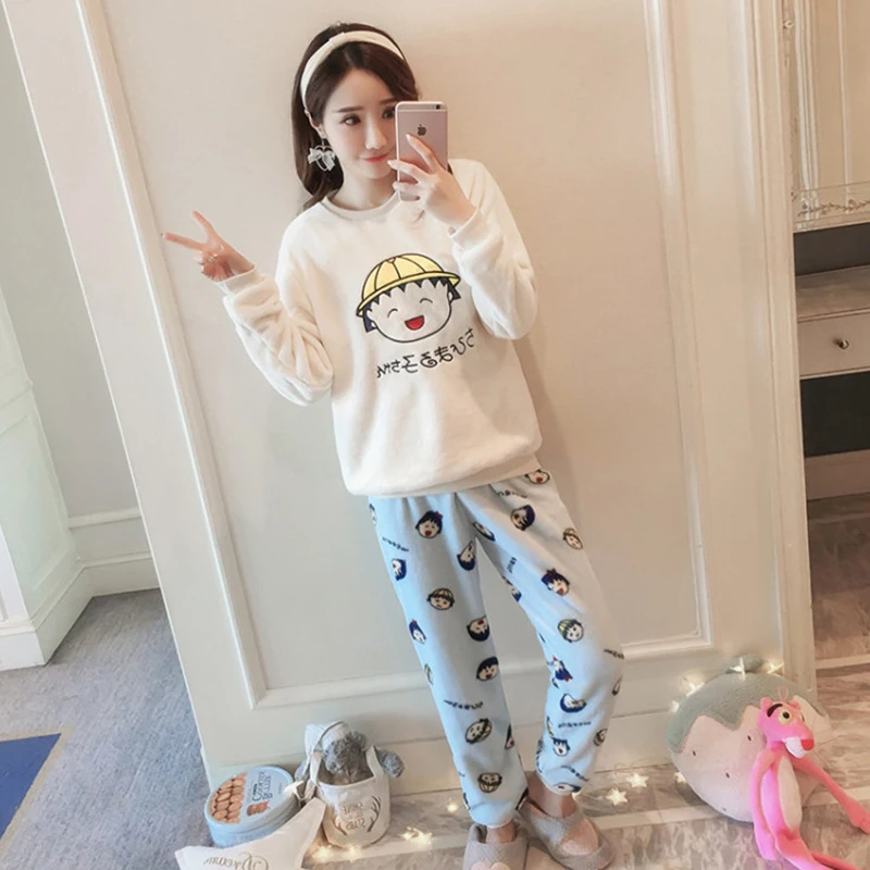 

Two piece set Cartoon top and pants Pajama Set Nightwear Pijama Home Suit women lingerie Flannel Winter Pyjama Cute Warm