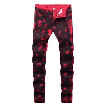 

2020 Men's Fashion Skeleton Skull Printed Night Club Personality Jeans Male Slim Fit Red Denim Pants Long Trousers,9001