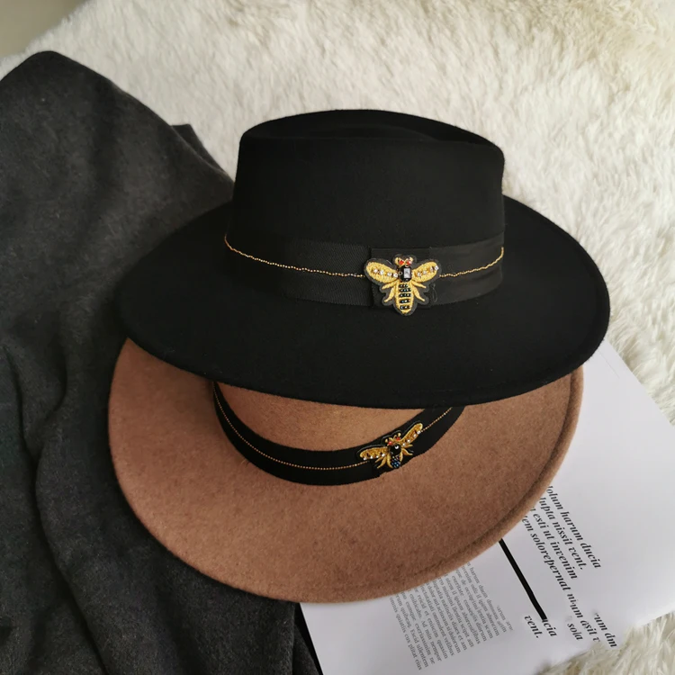 New Retro Wool Hat Bee Hat Straw Hat Shallow Top Fedora Hat Winter Men's Fedora Cap Womens Hat Felt Hat