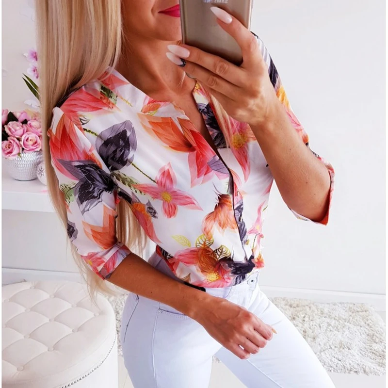Летние женские свободные блузки с рукавом 3/4 и цветочным принтом топы для женщин