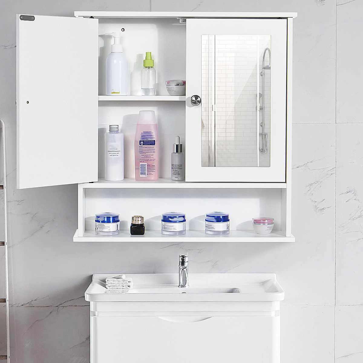 

Bathroom Cabinet with Mirror 58x56x13cm Wall Mounted Bathroom Toilet Furniture Cabinet Cupboard Shelf Cosmetic Storager UK Stock