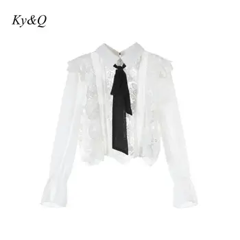 

Brand Design Luxury Sexy White Blouse 2020 Lapel Lace Bow Lace Patchwork Top Long Sleeve Women Elegant Short Shirt Clothes