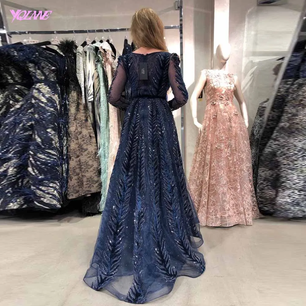 YQLNNE Дубай роскошные темно-синие бархатные вечерние платья с длинным рукавом v-образный вырез кристалл бисером Формальные женские вечерние платья