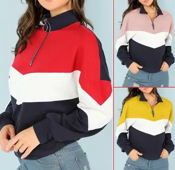 

Women's autumn and winter color matching long sleeve plus fleece coat