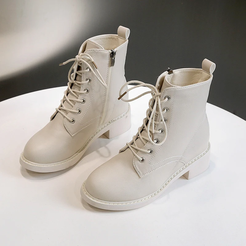 

2019 New Lace Up Leather White Boots Spring Black Ankle Boots Women Shoes Western Boots Cowboy Boots Women Autumn Platform
