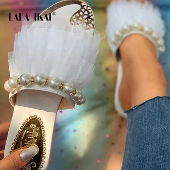 

LALA IKAI Slippers Women Summer 2020 Open Toe Beaded Layered Mesh Insert Flat Sandals Casual Low Heels Party Slippers XWA30537-4