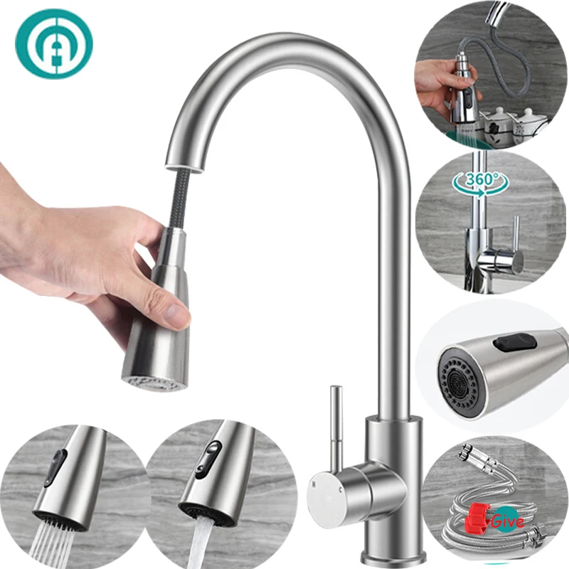 Sink Faucet 304 Stainless Steel Pull Out 360 Degree Rotating Kitchen