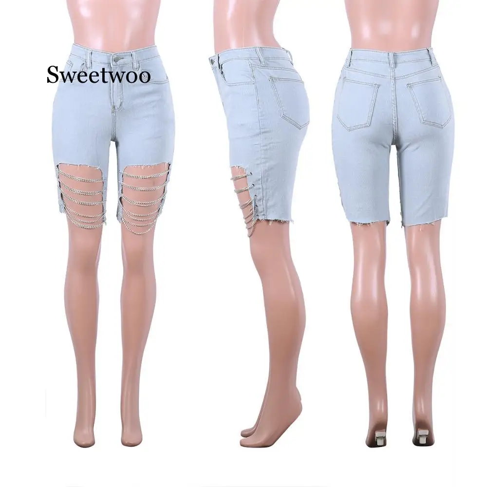 New Women Summer Streetwear Chain Hollow Out Black High Waist Knee Length Pants Light Denim Jeans Skinny Short Pants