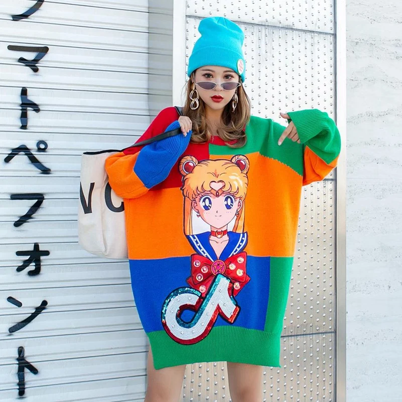SexeMara/модные новые свободные Блесток Патч Мультфильм Печать контрастного цвета вязаный свитер