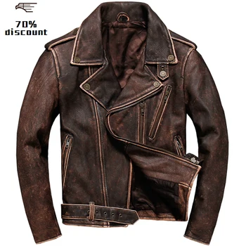

2020 Vintage Brown Men American Biker's Leather Jacket Plus Size XXXXXL Genuine Cowhide Slim Fit Motorcycle Coat FREE SHIPPING