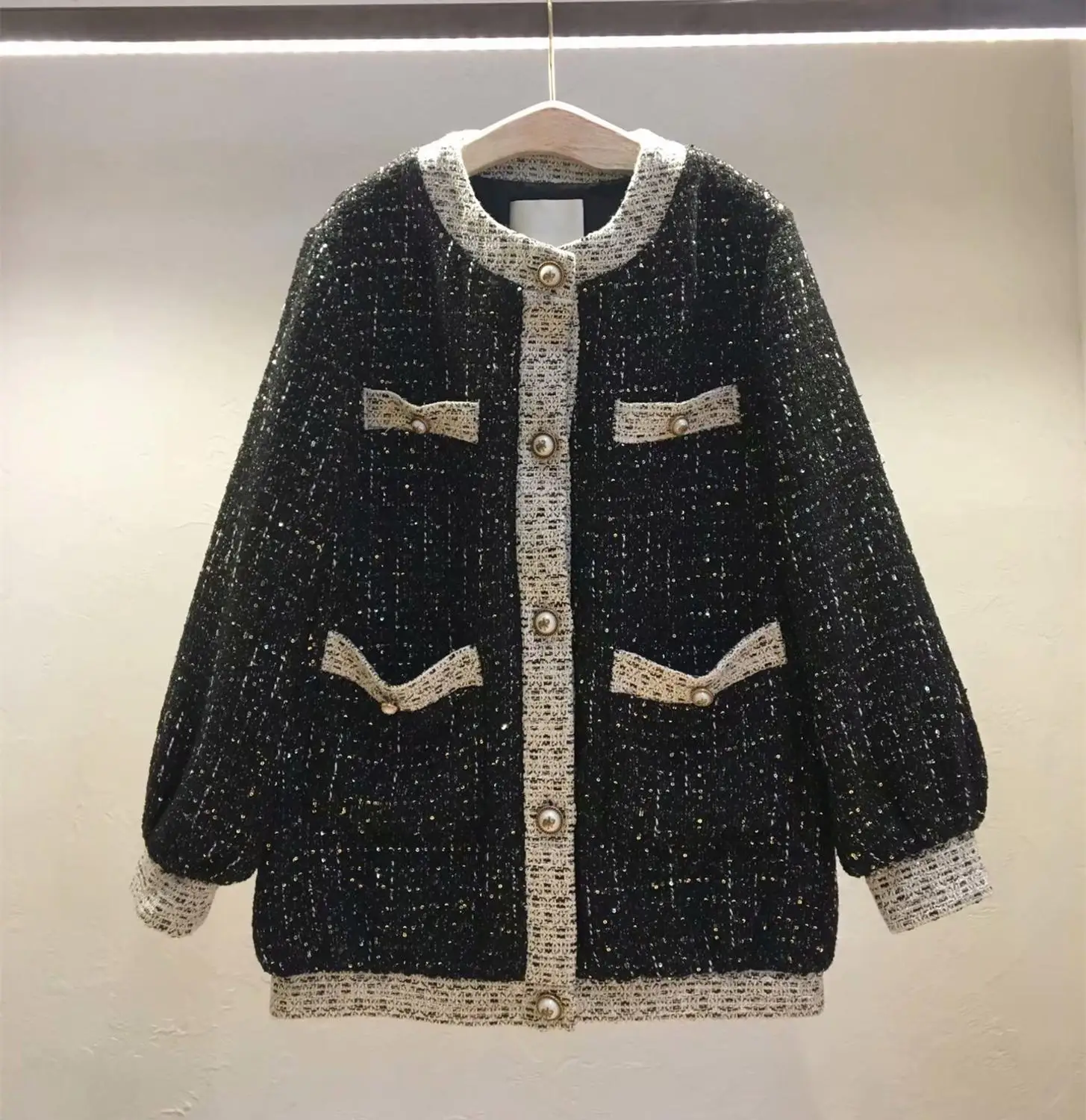 autumn women's loose pocket tweed coat Fashion women's high quality O-neck tweed coat B086