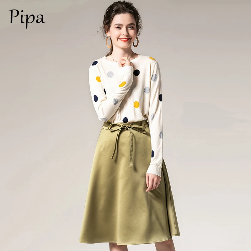 

Two-piece women round neck polka dot print top long T-shirt + retro solid color A-line skirt lace comfortable skirt suit
