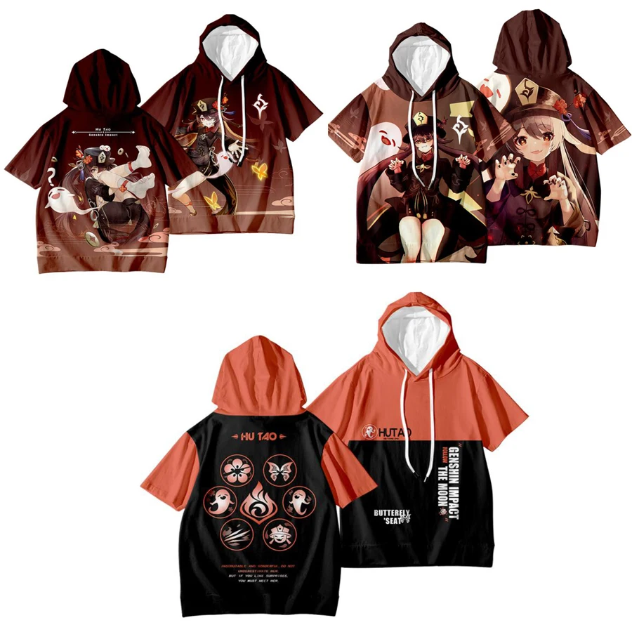 뜨거운 게임 Genshin Impact 3D Print Oversized T Shirt 여성 남성 Hutao Cosplay 짧은 소매 후드 티셔츠 Funny Tshirt Graphic Tees