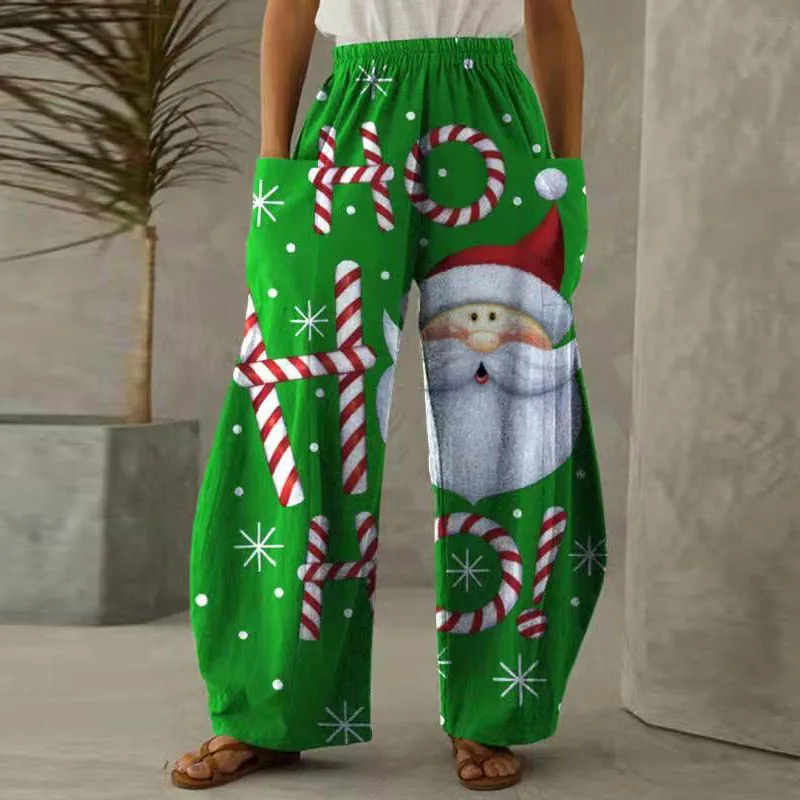 flare pants New Fashion Women Christmas Print Trousers Spring Casual Wide Leg Full Length Pants Autumn Loose Elastic Waist Pocket Trousers nike sweatpants Pants & Capris