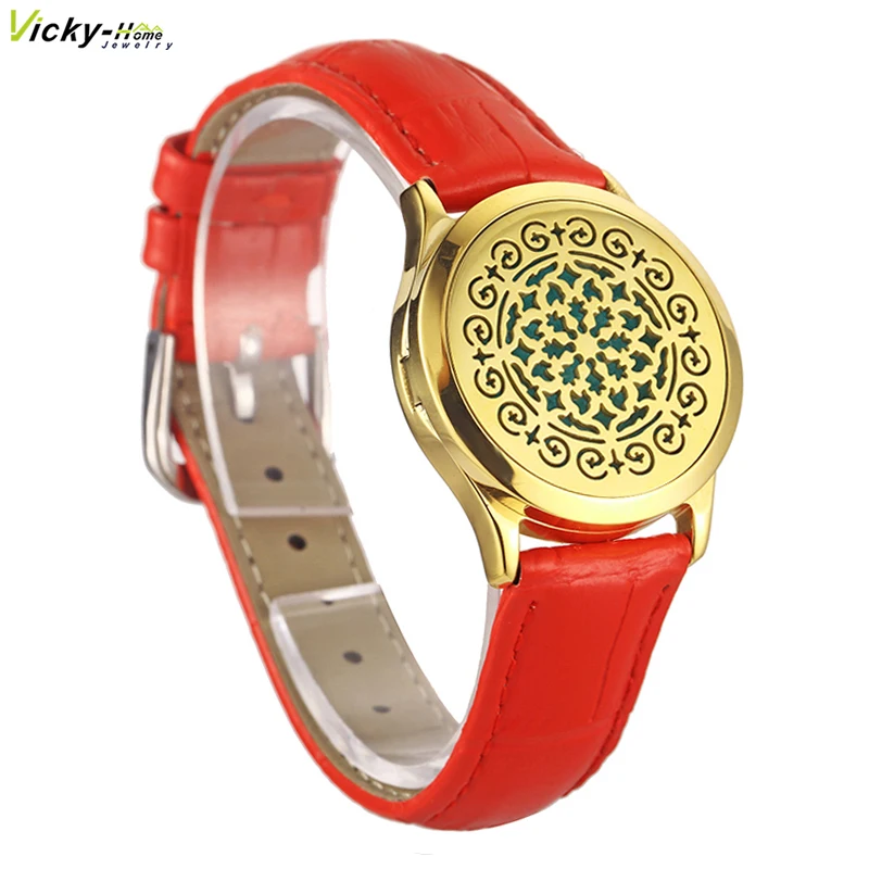Pulsera de cristal de acero inoxidable para mujer, medallón con reloj, pulsera de cuero rojo auténtico, pulsera difusora de aceites esenciales para aromaterapia