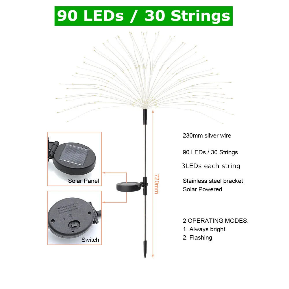 1pcs Outdoor LED Solar Flashing Fireworks Lights 90/150 LEDs Waterproof String Fairy Light For Home Garden Christmas Decoration brightest outdoor solar lights Solar Lamps