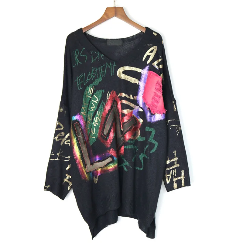 

Letter Pattern Thick Knitted Women Fashion 2020 Autumn Winter Elegant V Neck Irregular Personality Casual Oversized Sweater Top