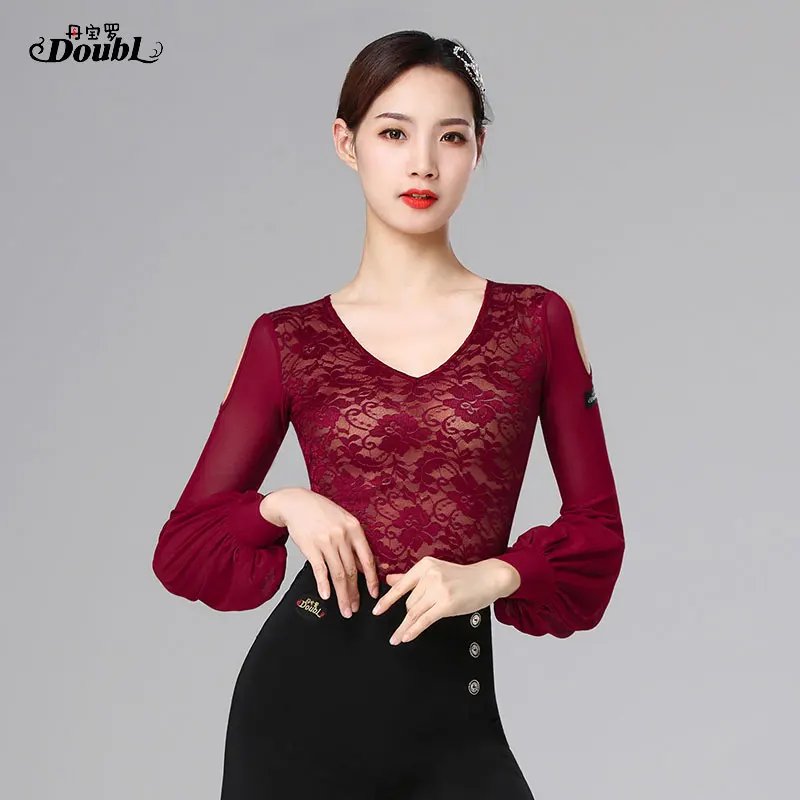 DOUBL New v-neck Dance Jacket Latin Dance Tops Women Long Sleeve Body Practise Suit Performance Yoga Cloths Social Female