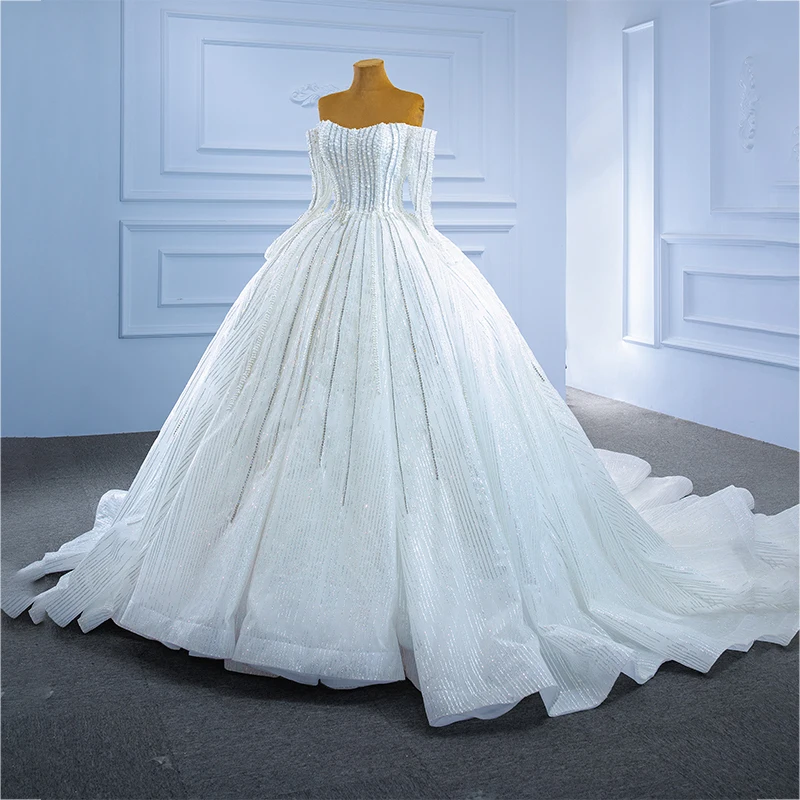 J67270 JANCEMBER White Off-shoulder Wedding Dress 2021 New Long Sleeve Striped Sequins Decoration Backless свадебное-платье 4