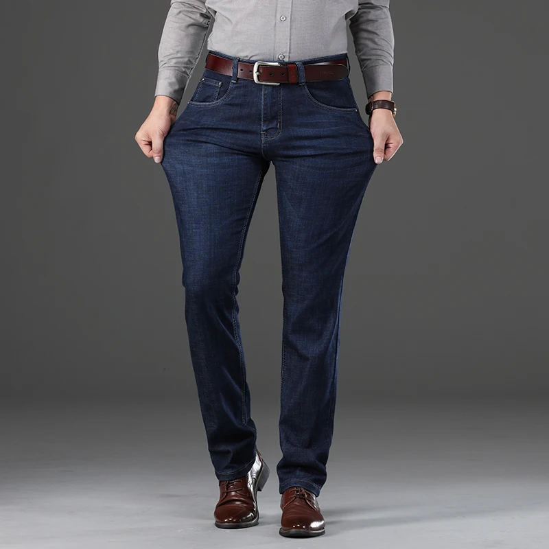 KSTUN мужские джинсы деловые прямые джинсы осенне-зимние мужские темно-синие плотные эластичные длинные джентльменские джинсовые брюки