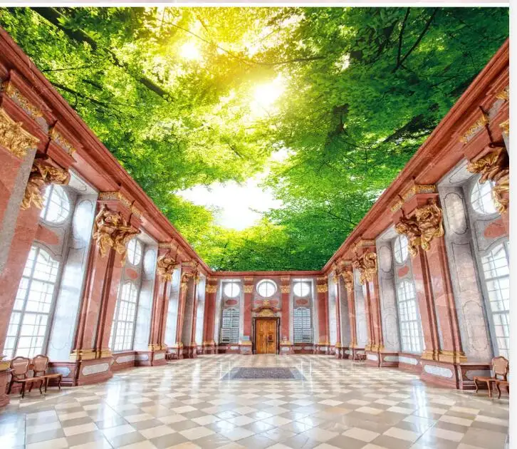 Green Forest Big Tree Sky Zenith Painting 3d Ceiling Murals Wallpaper