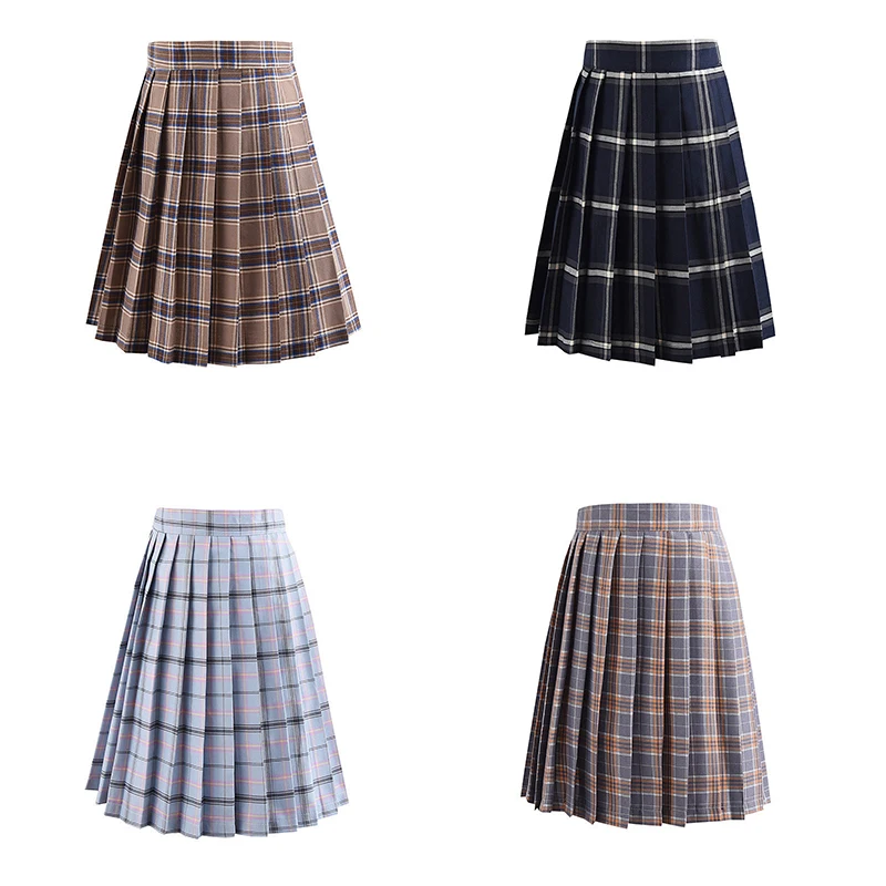 2020 Preppy large size versatile uniform skirt solid color long tartan student pleated |