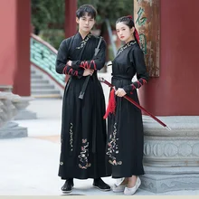 Черные танцевальные костюмы с вышивкой Hanfu для женщин и мужчин, праздничный наряд, одежда для Рейв, выступлений, певцов, народное платье феи, 2 шт. DC3181