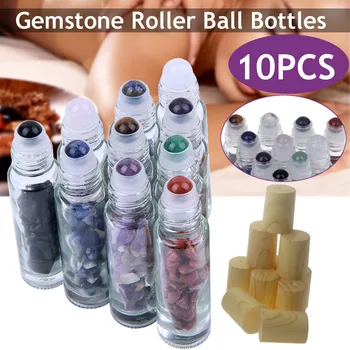 

10pcs/set 10ml Natural Gemstone Essential Roller Ball Bottles Transparent Perfumes Oil Liquids Roll On Bottles With Wood Cover