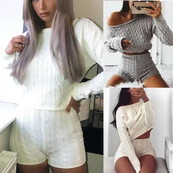 

New Women Cable Knit Crop Top Lounge Wear Suit Ladies Co ord 2pcs Tracksuit Set lounge wear solid crop top shirts shorts pants