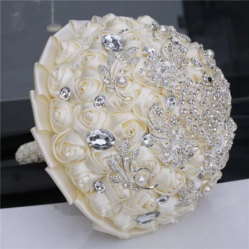 WifeLai-A Wedding Flower Ivory Satin Rose Bridal Bouquets Artificial Flower Wedding Bouquet Bridesmaid Bouquet With Crystal W258