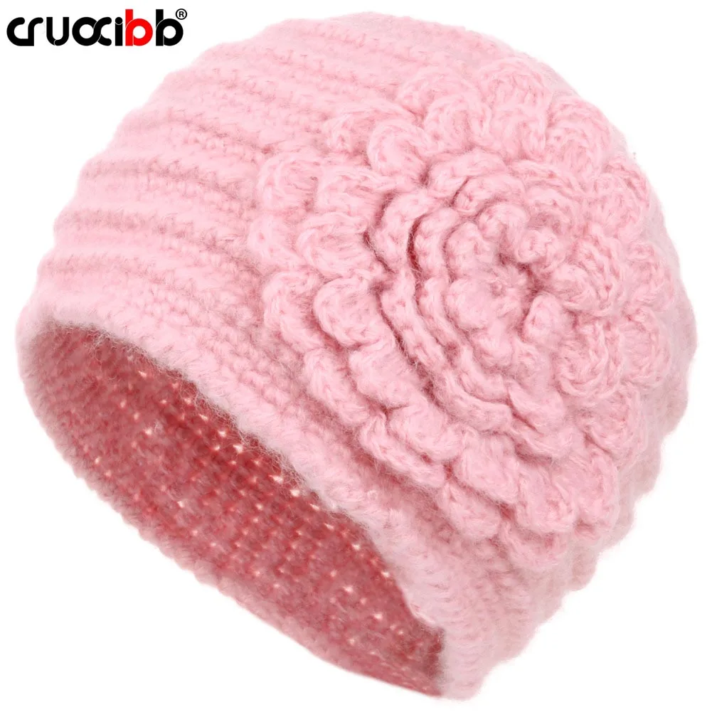 

CRUOXIBB Women's Wool Flower Warm Cloche Bucket Hat Winter Knitted Beanie Hat Chunky Slouchy Skully Beanie Cap