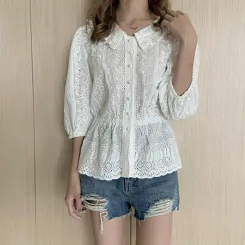 

Sweet Girls Peter Pan Collar Blouse Sexy Female White Embroidery Lace Hollow Out Shirts Three Quarter Sleeve Casual Tops