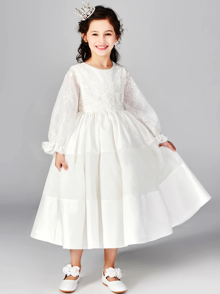 

White Lace Flower Girl Dresses 2019 Party Event Girl Prom Dresses O neck A Line Full Sleeve Floor Length Homecoming Dresses