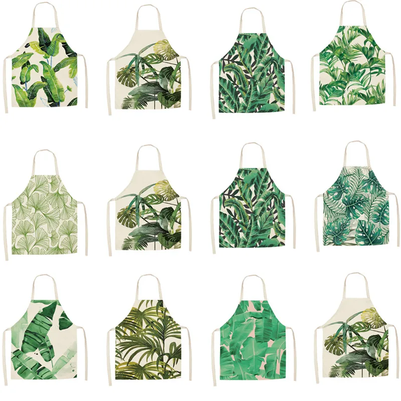 

Green Plant Pattern Adult Apron Leaf Children Cotton Linen Bib Kitchen Cooking Accessory Home Cleaning Tools 68x55cm/47x38cm