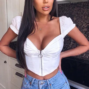 

Square Collar Zipper Retro Tops Women Summer Puff Sleeve Crop Top White 2019 Sleeveless Club Backless Camis Female