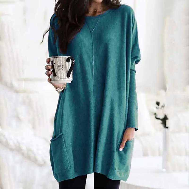Peacock blue Autumn Oversized T Shirt Women Long Tshirt Women O-neck Plus Size Tee Shirt Femme Big Size Long Sleeve T-shirt Female - Цвет: Peacock blue