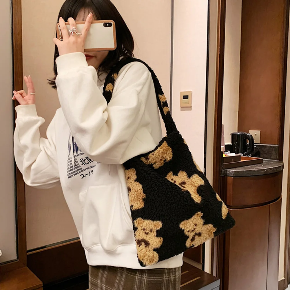 Fashion Exquisite Shopping Bag Cute Bear Print Top-handle Bag Female Autumn Fashion Plush Tote Shoulder Handbag