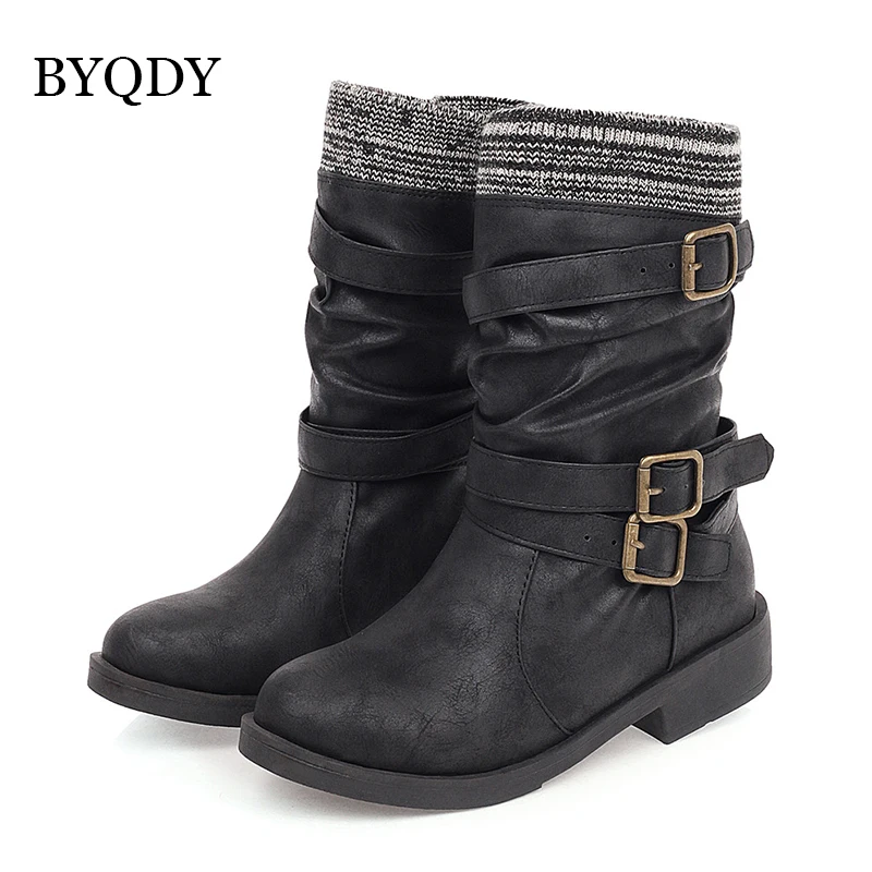 BYQDY Autumn Winter Mid-Calf Boots Motorcycle Warm Snow Boots Sexy PU Leather Buckle Zipper Knitted Cowgirls Shoes Plus Size 43