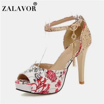 

ZALAVOR Plus Size 30-47 Fashion Women Sandals Tasselsv Crystal High Heels Platform Shoes Print Open Toe Summer Women Footwear